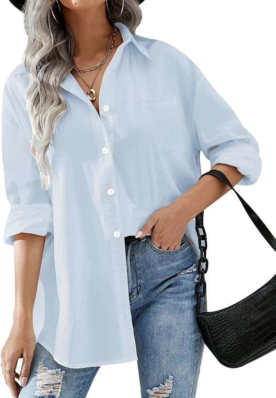HOTOUCH Women Button Down Shirts Office Drop Shoulder Oversized Blouse Long Sleeve Boyfriend Dres... | Amazon (US)
