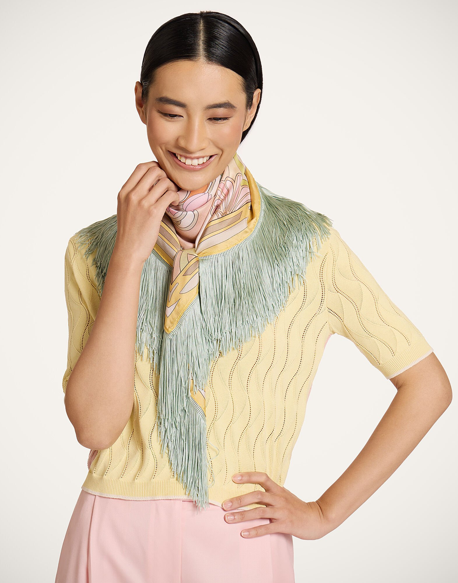 Reversible Fringe Foulard 90 in Tulip Placée Green for Women | La DoubleJ | La DoubleJ