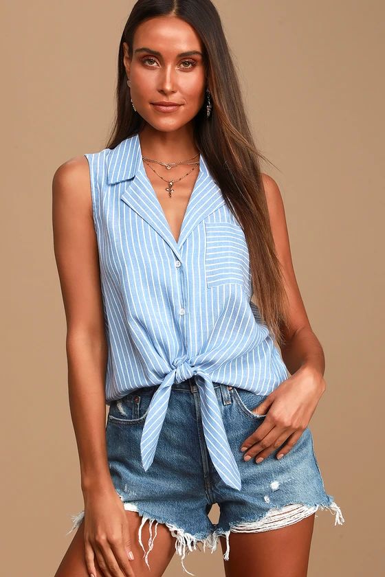 Ready for Sun Blue and White Striped Tie-Front Button-Up Top | Lulus (US)