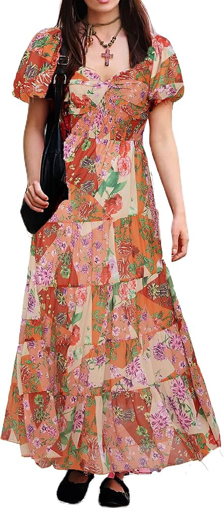 Women's Summer Boho Floral Short Puff Sleeve Long Dress Sweetheart Neck Smocked Waist A-Line Maxi... | Amazon (US)