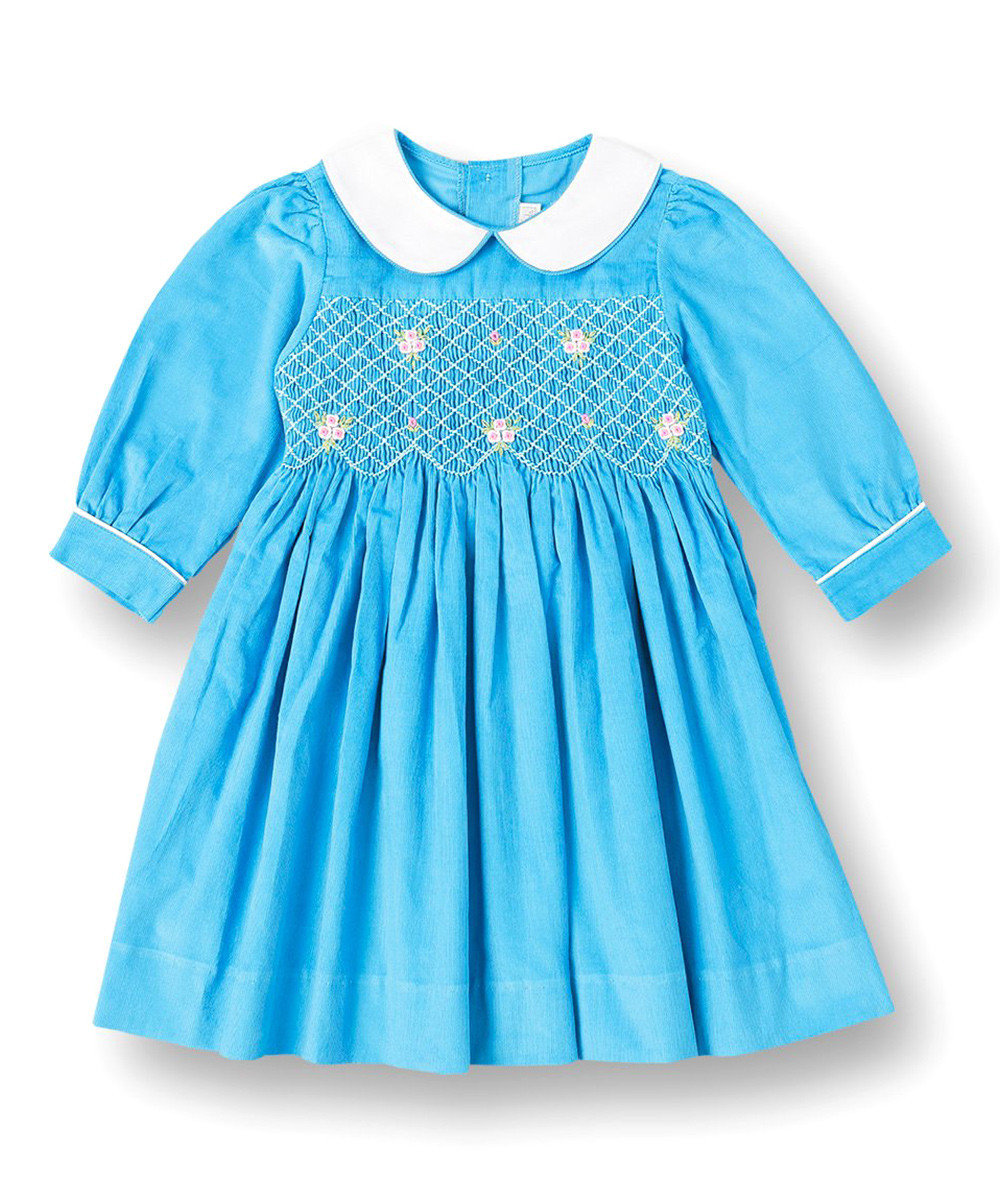 Fantaisie Kids Girls' Casual Dresses Blue - Blue Corduroy Smocked Floral Peter Pan Collar Dress - To | Zulily