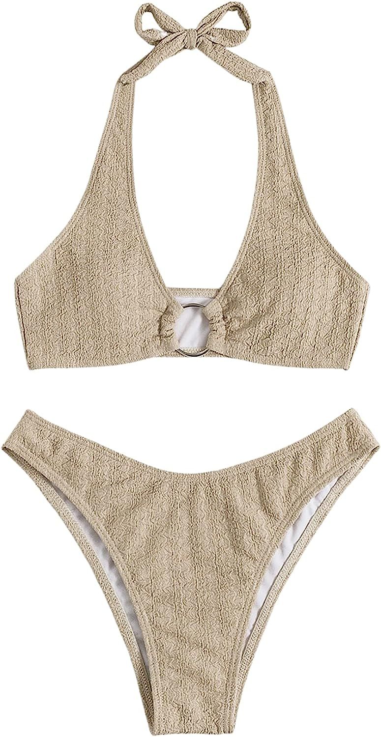 SweatyRocks Women's 2 Piece Swimsuit Solid Halter High Cut Bikini Bathing Suit | Amazon (US)