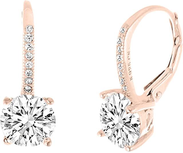 LESA MICHELE Sterling Silver Round Cubic Zirconia Drop Leverback Bridal Earrings for Women | Amazon (US)