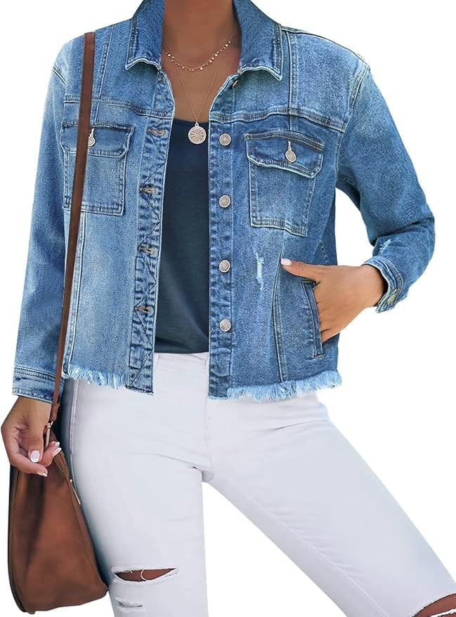 LookbookStore Women's Basic Long Sleeves Button Down Fitted Denim Jean Jackets | Amazon (US)