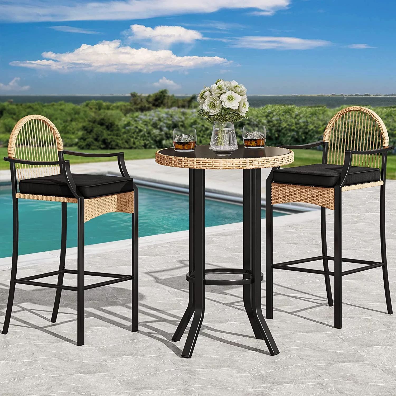 Dextrus 3-Piece Patio Bar Table Set, Outdoor Wicker Bar Height Bistro with Soft Cushions, Steel F... | Walmart (US)