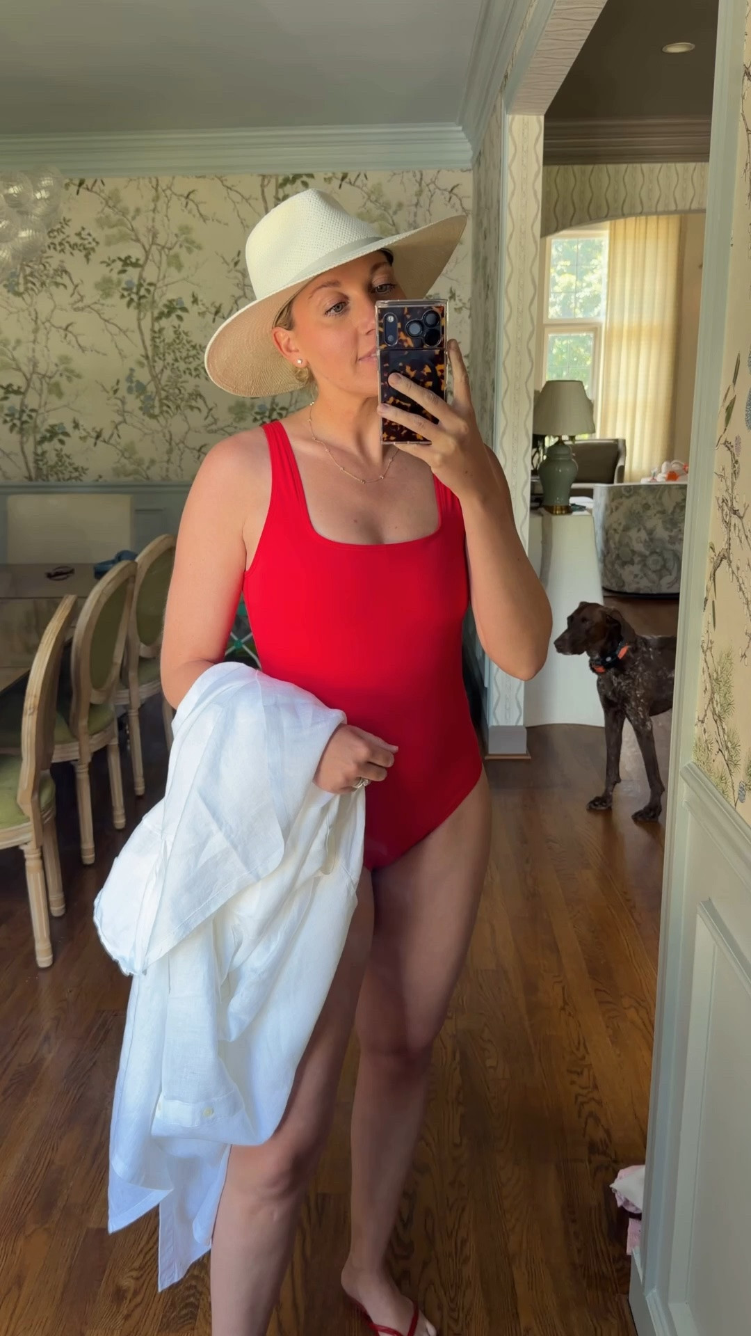 Great Postpartum/mom swimsuit that sucks you in! Built in shape wear @spanx one piece and the BEST white button down coverup up dress. Worth the splurge here (especially the hat) Took size M in all!

#LTKmomlife #LTKSwim