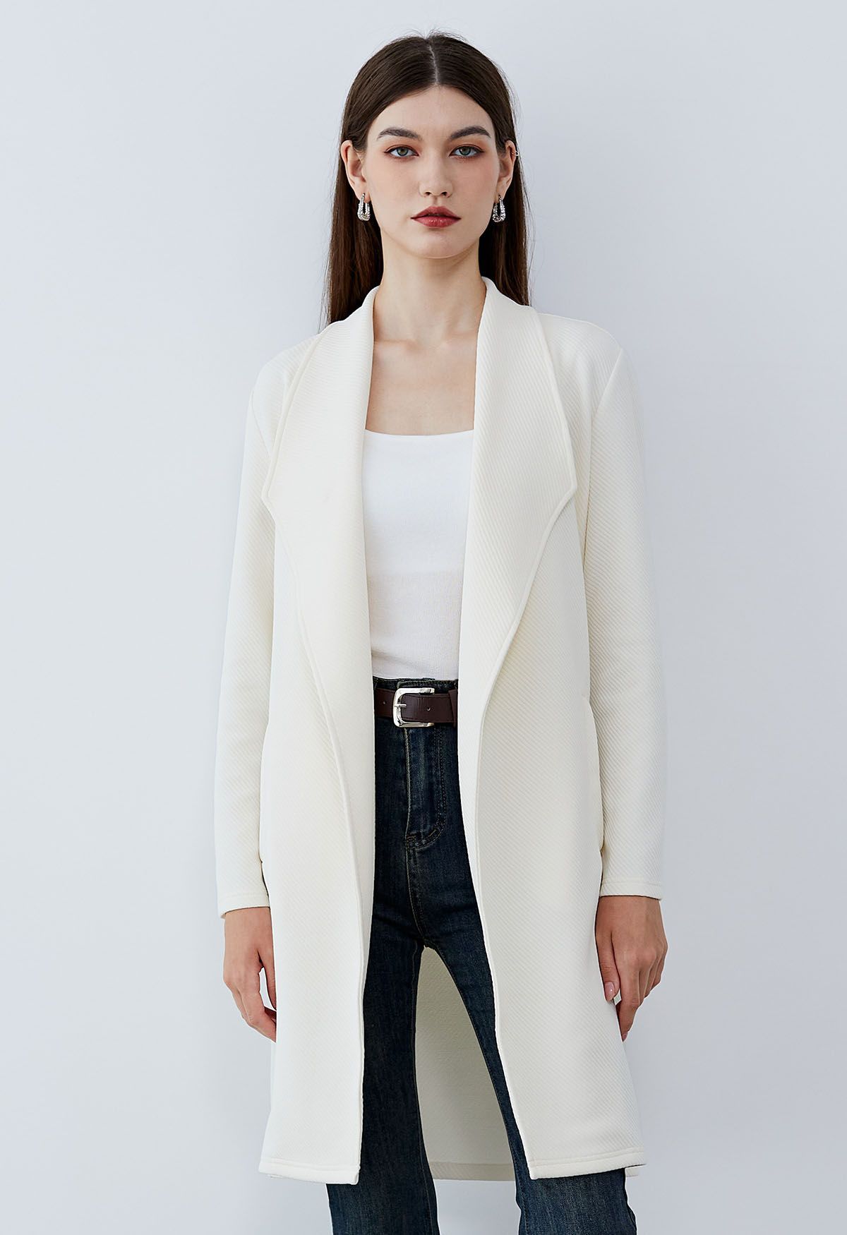 Lapel Open Front Quilted Cotton-Blend Coat in Ivory | Chicwish