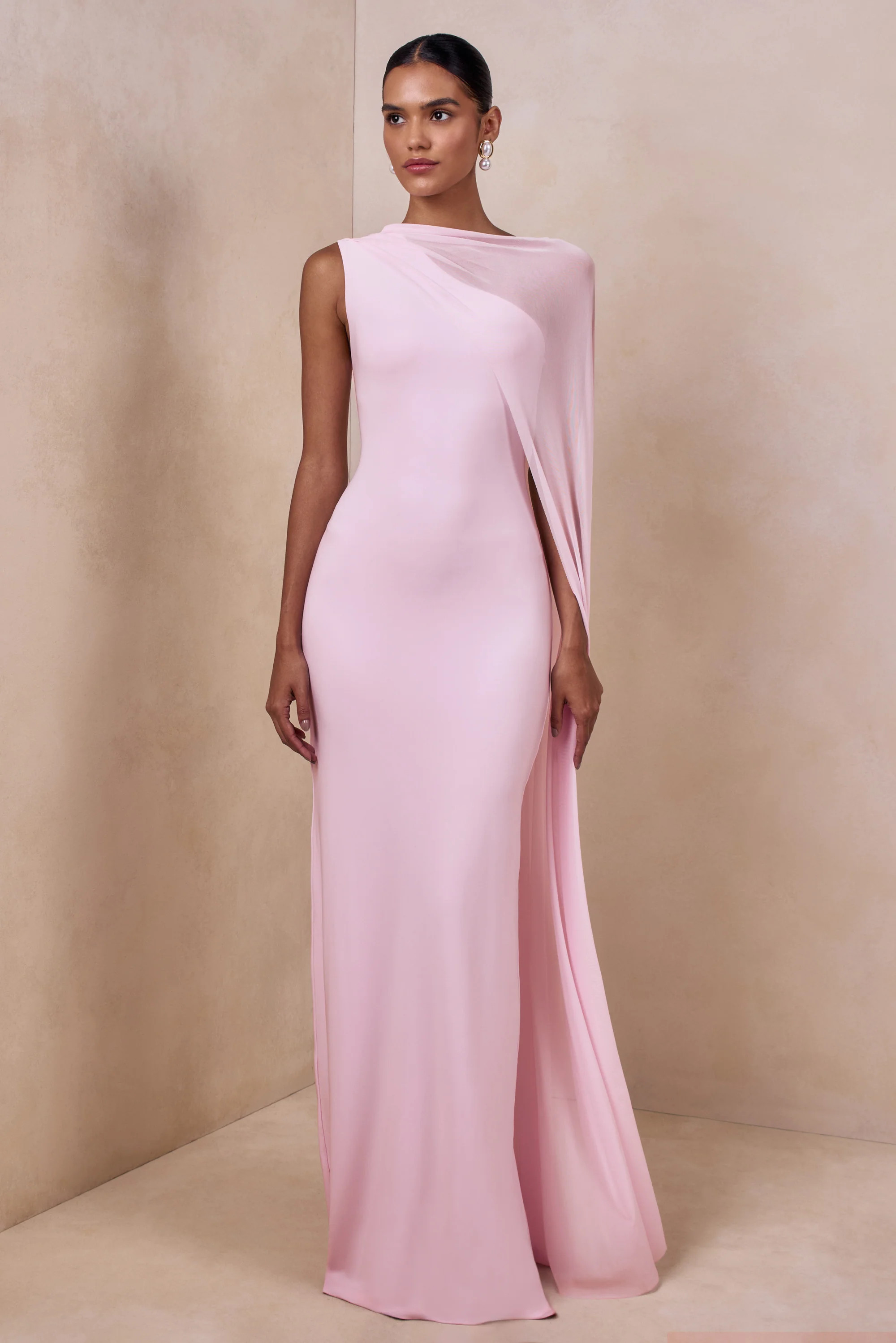 Mirelle | Light Pink Boat-Neck Maxi Dress With Cape-Sleeve | Club L London