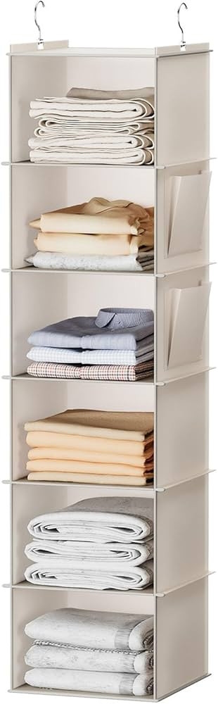 YOUDENOVA Hanging Closet Organizer, 6-Shelf Closet Hanging Storage with Side Pockets, Beige | Amazon (US)