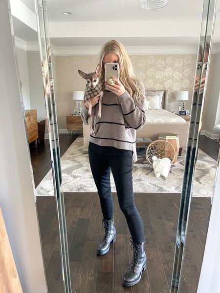 This sweater is so soft and comfy!

Winter outfit, black jeans, dog bandana, striped sweater, combat boot

#LTKSeasonal #LTKstyletip #LTKunder50