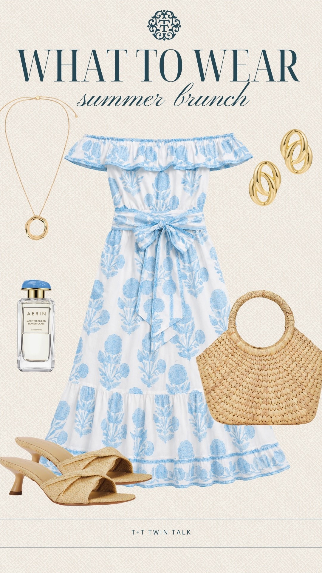 T+T, what to wear! We are obsessed with this blue and white Sue Sartor dress paired with the woven bag, gold jewelry, raffia heels, and fresh Aerin perfume for the prettiest summer look. This outfit would be so perfect for a summer brunch, especially somewhere coastal or on vacation.

#LTKOver40 #LTKSeasonal #LTKMidsize