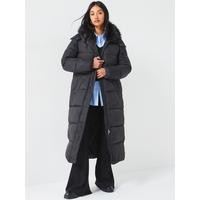 V by Very Longline Padded Hooded Coat With Faux Fur Trim Collar - Black | Very (UK)