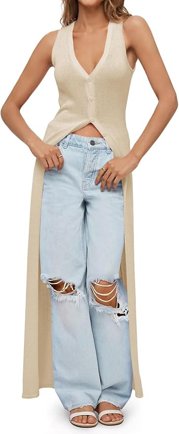 Saodimallsu Womens Long Cardigans Sleeveless V Neck Button Lightweight Knit Duster Vest Top Beach... | Amazon (US)