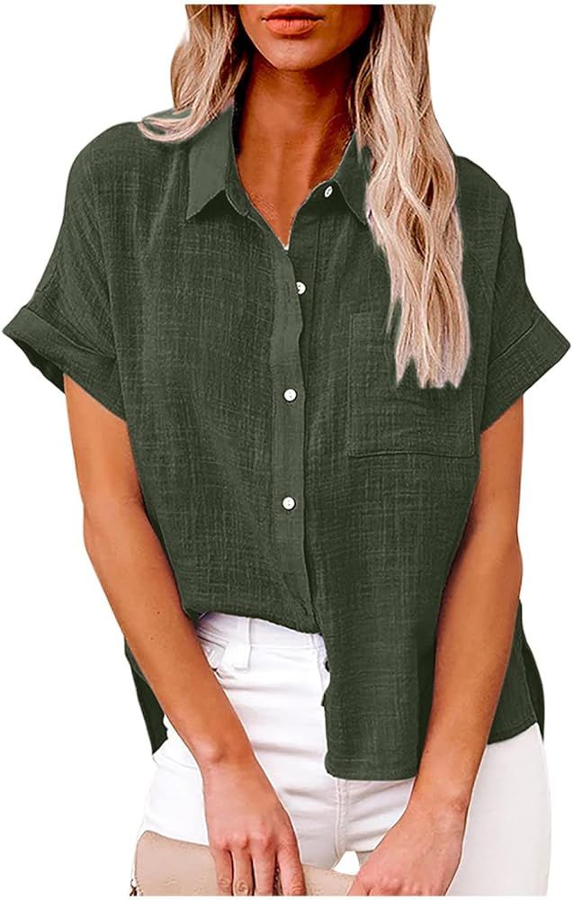 Ceboyel Women Short Sleeve Cotton Linen Shirts Button Down Blouse Gauze Collared Summer Tops Boho... | Amazon (US)