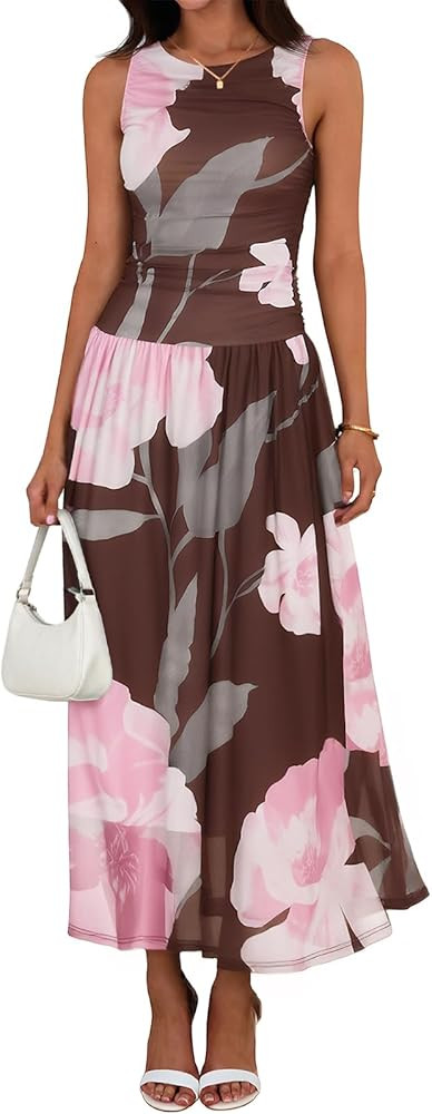 Wenrine Womens Summer Floral Maxi Dress Casual Sleeveless A Line Swing Flowy Beach Vacation Tank ... | Amazon (US)