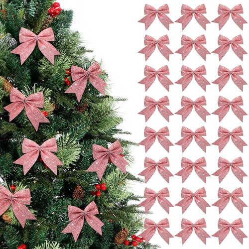24 Pcs Pink Glitter Bows for Christmas Tree - Coquette Birthday Decorations, Bow Decorations for Party, Girls' Birthday Party Supplies | Amazon (US)