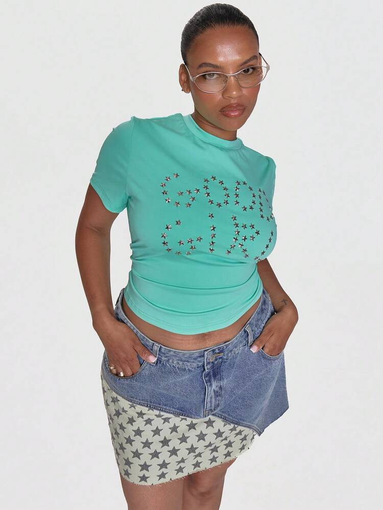 MUSERA Blue Studded Star Graphic Slogan Crew Neck Short Sleeve Fitted Tee T Shirt | SHEIN