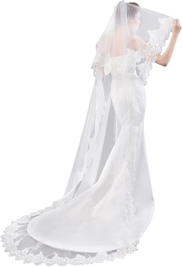 EllieHouse Chapel Length 2 Tier Sequin Lace Wedding Bridal Veil For Bride E74 | Amazon (US)