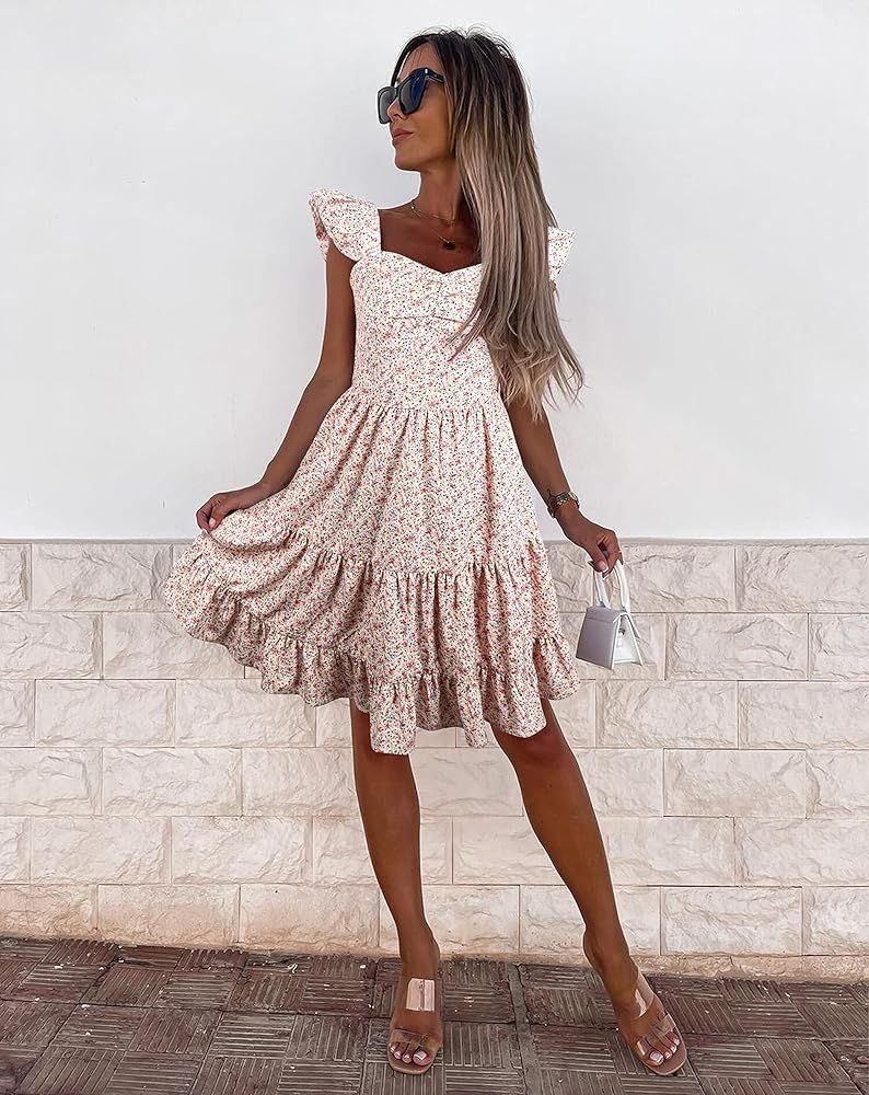 PRETTYGARDEN Women's Casual Summer Dress Floral Boho Ruffle Strap Tiered Mini Short Aline Beach Sun  | Amazon (US)