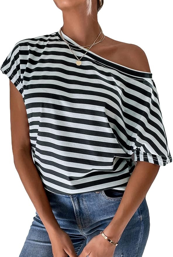 Romwe Women's Striped Batwing Short Sleeve Knot Front Boat Neck T Shirt Tee Tops | Amazon (US)