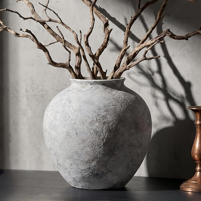 Handcrafted Rustic Textured Ceramic Home Decor Dried Flower Vase | Grey white matte rustic finish... | Amazon (US)