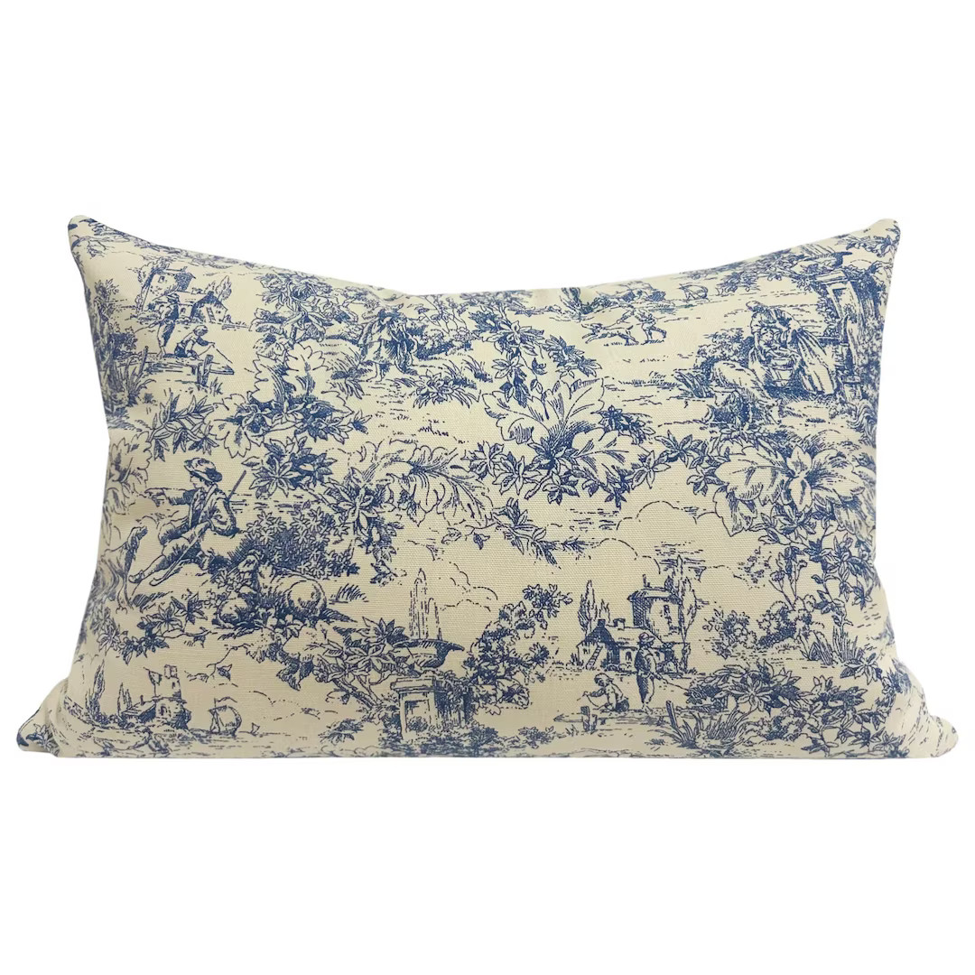 GIANA || French Vintage Toile Designer Pillow Cover, Blue Toile Pillow Cover, French County, 14x2... | Etsy (US)