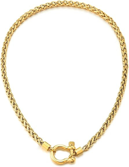 COOLSTEELANDBEYOND Mens Women Stainless Steel Wheat Chain Necklace With Horseshoe Shackle Clasp, ... | Amazon (US)