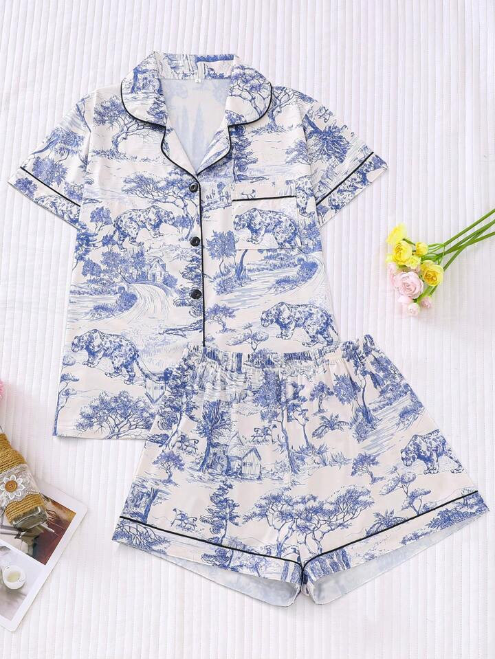 2pcs Women Cheetah Scenery Printed Pajama Set, Short Sleeve Shirt With Collar & Button, Loose Ela... | SHEIN