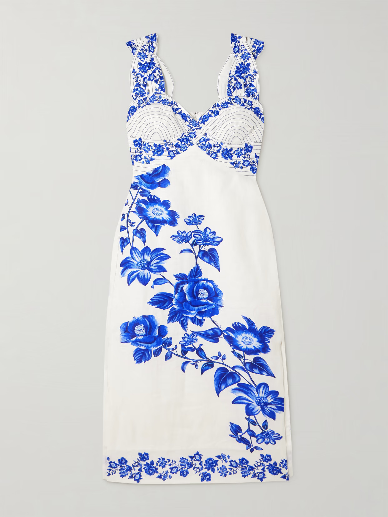 Farm Rio - Cascade Shirred Printed Linen Midi Dress - Blue | NET-A-PORTER (US)