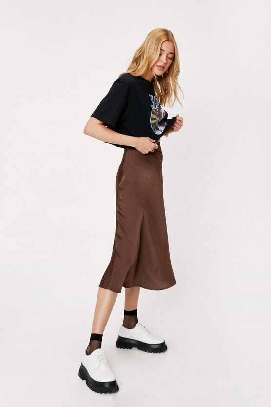 Satin Bias Cut Hem Midi Skirt | Nasty Gal (US)