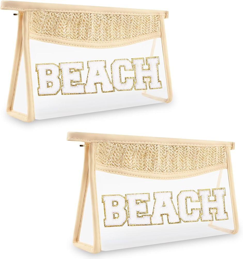 2 Pcs Boho Straw Clear Makeup Letter Bag BEACH Pouch, Sunscreen Bags for Beach Travel Small Cute ... | Amazon (US)