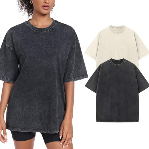 Womens Washed Vintage Oversized T-Shirt Casual Baggy Streetwear Boyfriend Tee Workout Short Sleeve Cotton Tops(W-BK-BG,2XL) | Amazon (US)