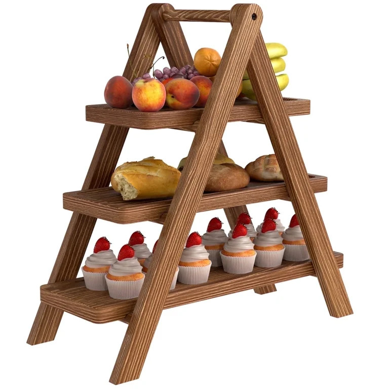 Gomok Wooden 3-Tier Serving Tray, Foldable Cupcake Stand with 3 Rectangle Platters, Decorative Tr... | Walmart (US)