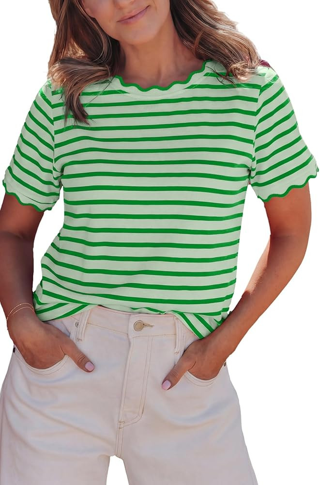 KevaMolly Womens Stripe Scalloped Trim Round Neck T Shirt Casual Soft Cotton Blend Breathable Tee... | Amazon (US)