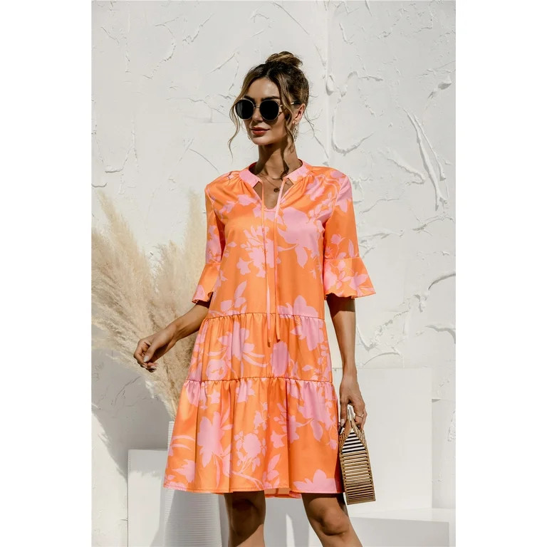 QINCAO Women Dresses Summer Dress V-Neck Short Sleeve T-Shirt Dress Babydoll Ruffles Casual Mini ... | Walmart (US)