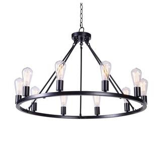 Hampton Bay Stratton 10-Light Black Wagon Wheel, Industrial Farmhouse Dining Room Chandelier with... | The Home Depot
