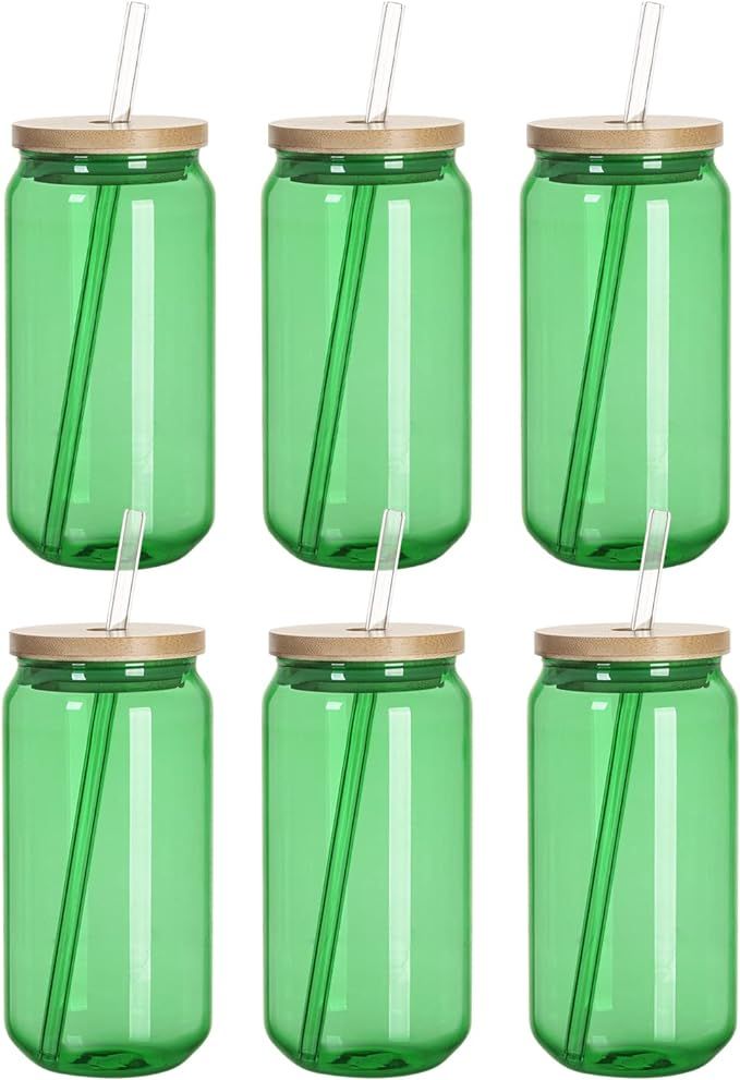 PYD Life Sublimation Glass Blanks Can Cups Clear Green 18 OZ with Bamboo Lid and Glass Straw Coff... | Amazon (US)