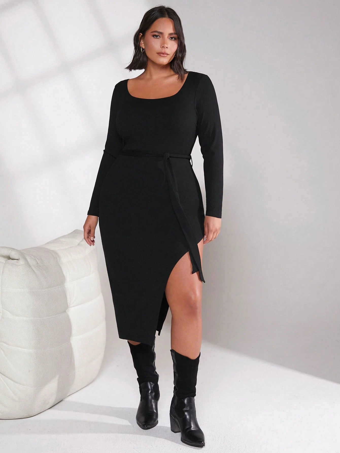 SHEIN BASICS Plus Scoop Neck Asymmetrical Hem Belted Dress | SHEIN