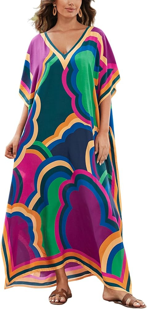 IMAGEKOPE Women's Plus Size Loose Fit Moroccan Print V-Neck Batwing Kaftan Beach Dress Bathing Su... | Amazon (US)
