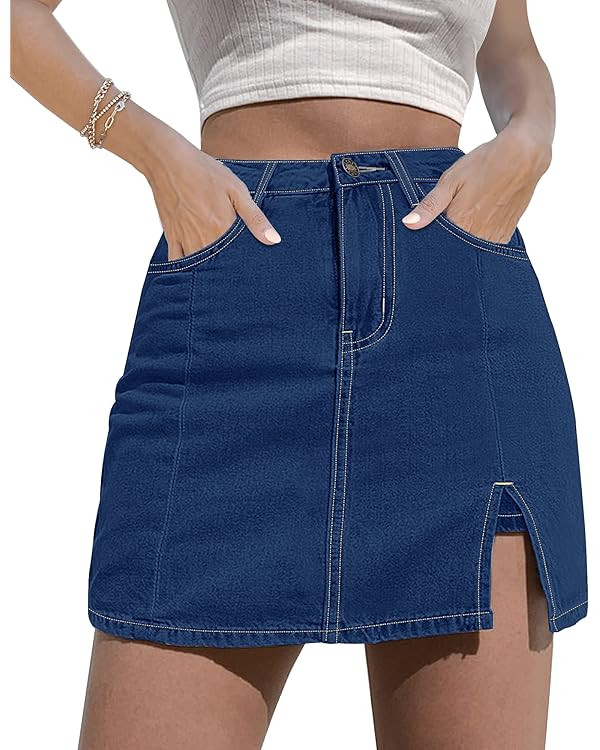 luvamia Skorts Skirts for Women Denim Mini Skirt Side Slit with High Waisted Jean Shorts Stretchy | Amazon (US)