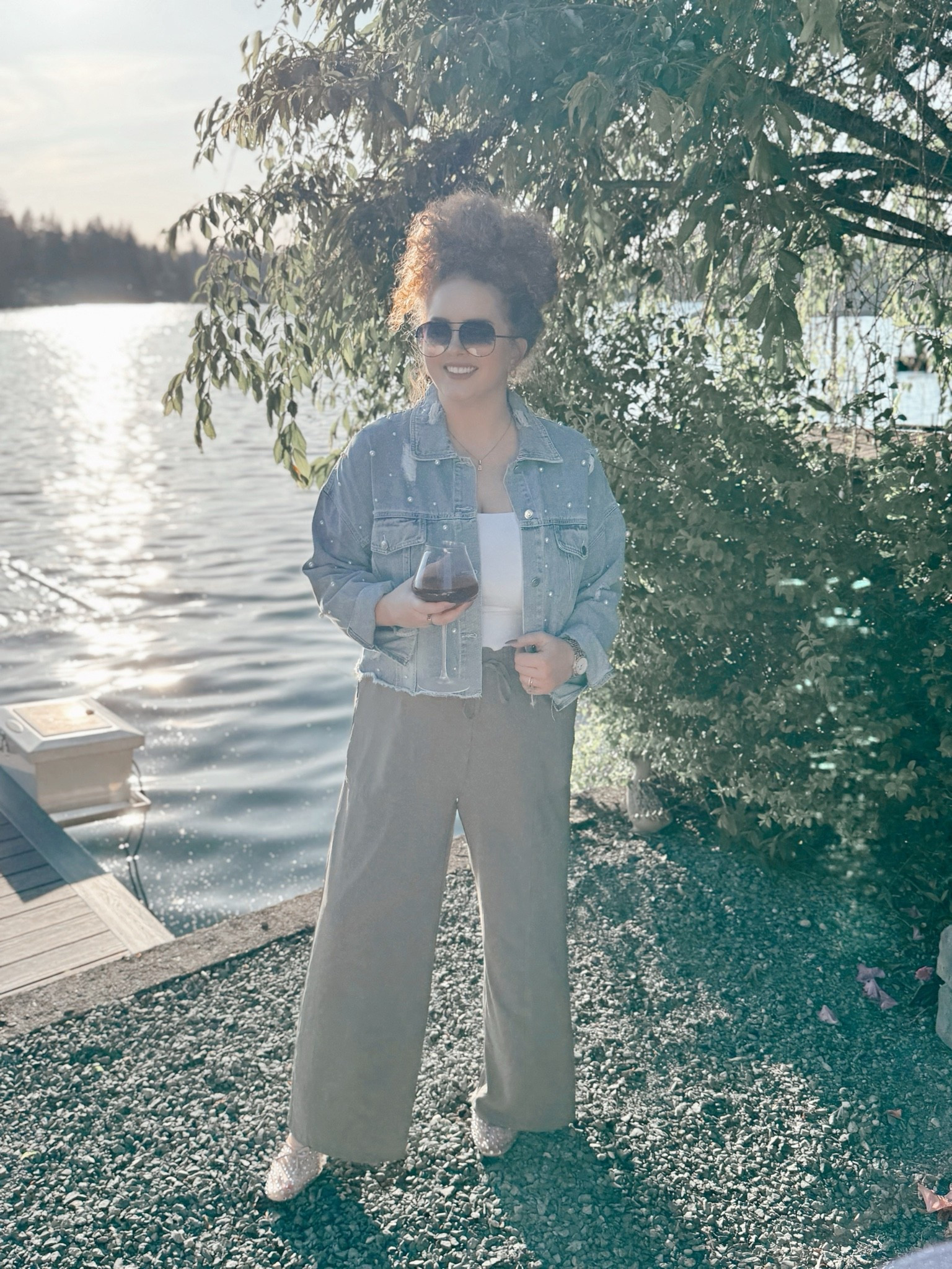 This outfit was made for dinner on the water ✨ The green palazzo pants are so flowy and comfortable, and paired with the pearl denim jacket + rhinestone mules it felt effortlessly dressed up without trying too hard 🤍 dinner outfit inspo | vacation dinner outfit | green palazzo pants | pearl denim jacket | chic vacation style | waterfront dinner outfit | elevated casual outfit | resort wear inspo | rhinestone heels | classy summer outfit | date night outfit | vacation fashion | flowy pants outfit | coastal chic style | feminine outfit inspo | amazon fashion finds ✨

#LTKgrwm #LTKootd #LTKTravel