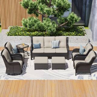 8-Piece Wicker Outdoor Patio Conversation Set with Beige Cushions and Swivel Rocking Chairs | The Home Depot