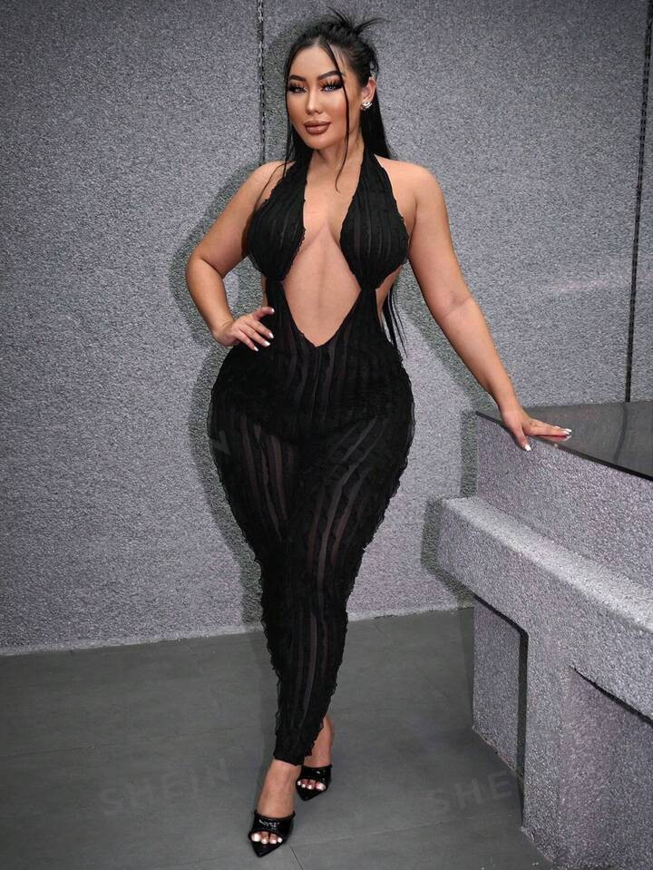 SHEIN SXY Cut Out Backless Mesh Halter Unitard Jumpsuit | SHEIN