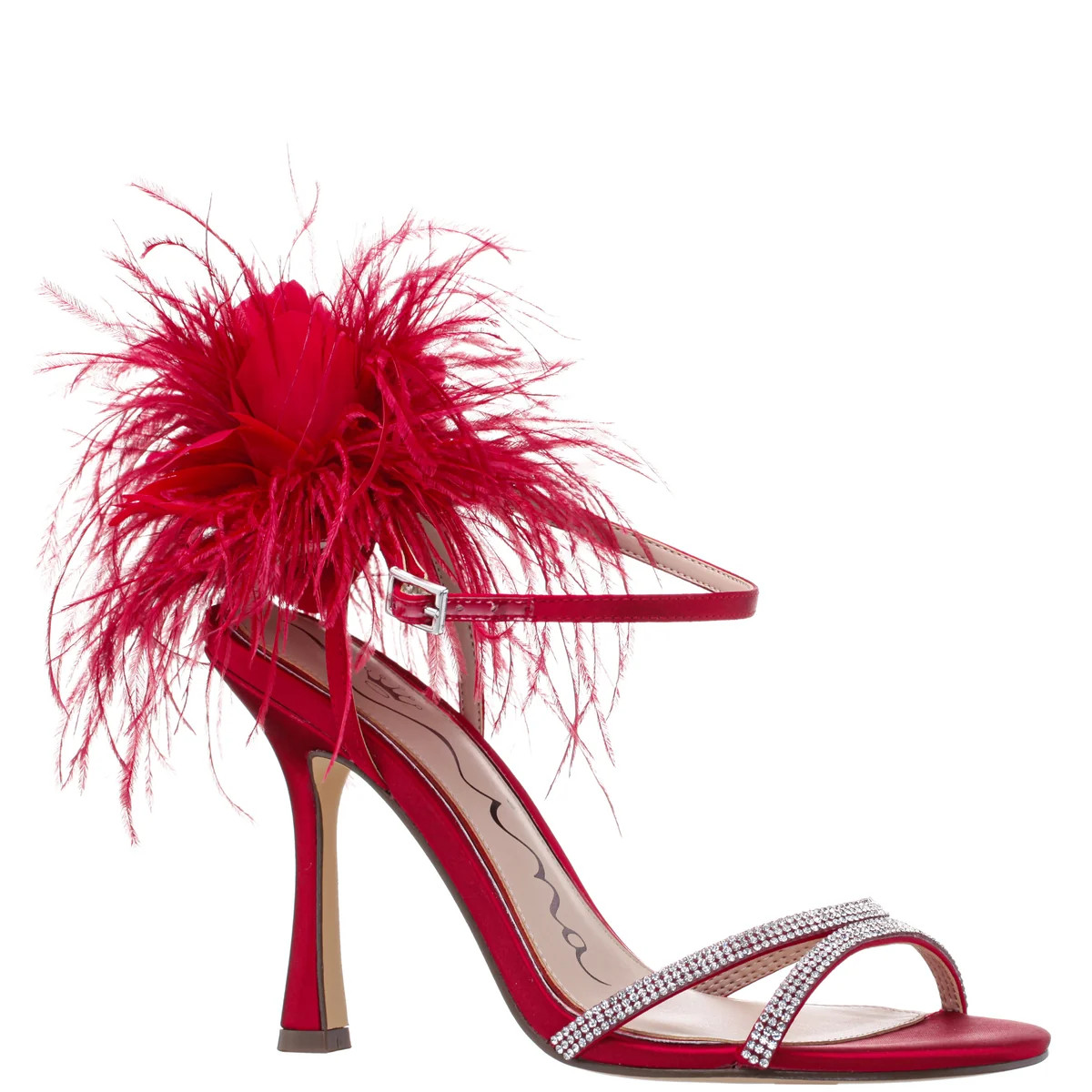 Womens Demi Red Satin High=Heel Sandals with Matching Crystals, Feathers and Ankle Strap | Nina S... | Nina Shoes