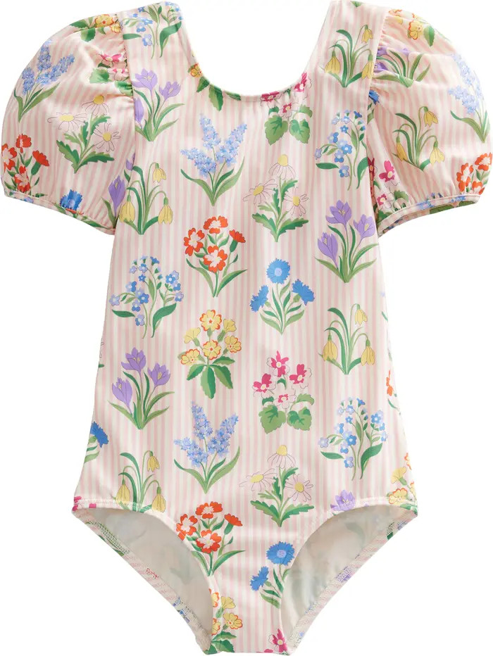 Kids' Floral Stripe Puff Sleeve One-Piece Swimsuit | Nordstrom
