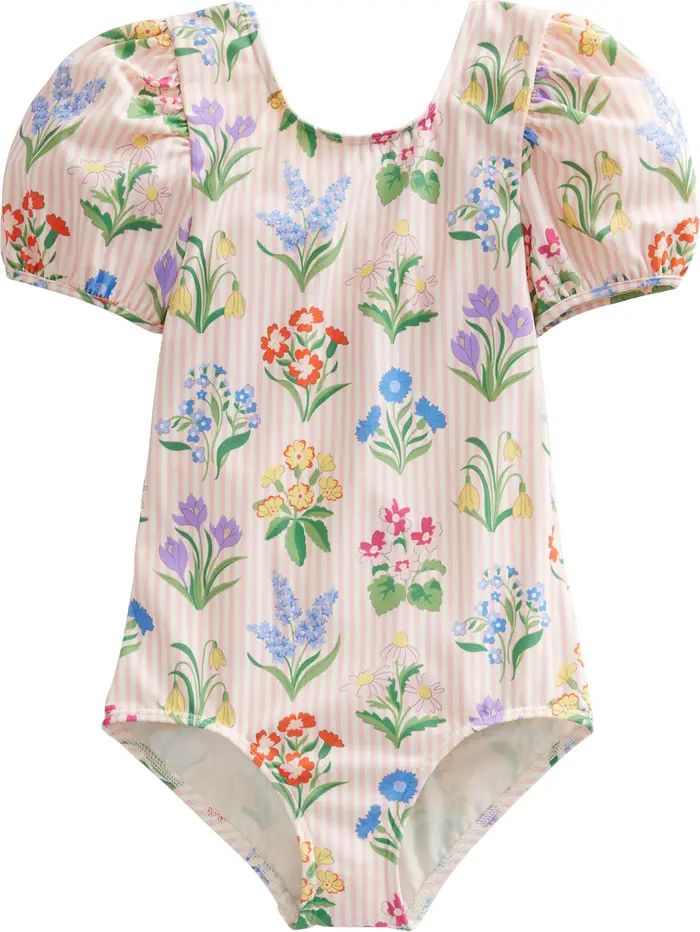 Kids' Floral Stripe Puff Sleeve One-Piece Swimsuit | Nordstrom