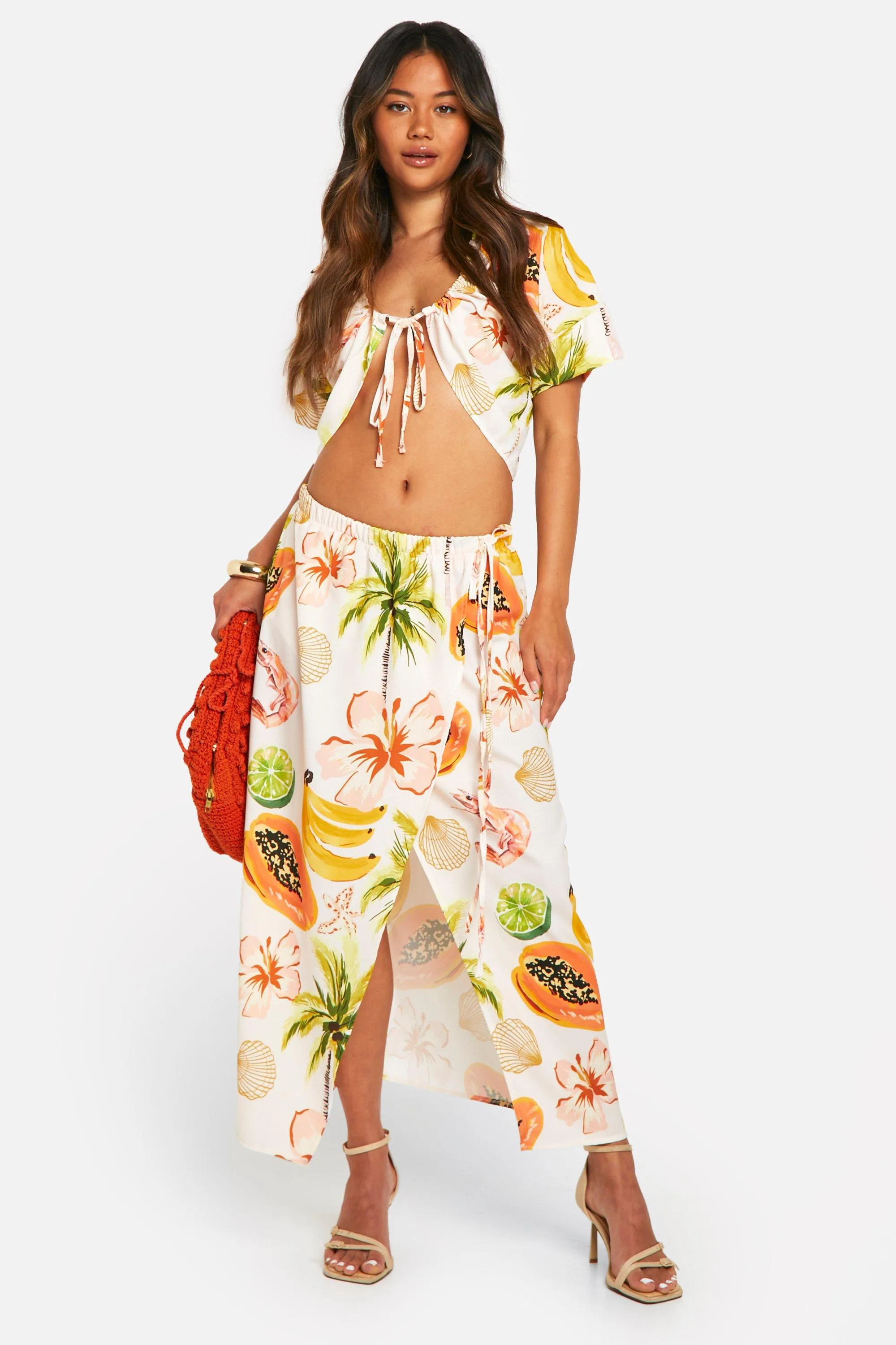 Hammered Palm Print Ruched Front Shirt & Wrap Midaxi Skirt | boohoo (US & Canada)