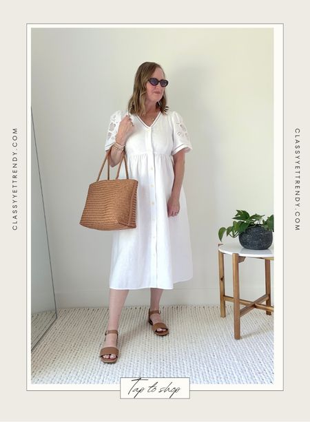 Madewell 25% off Memorial Day Weekend Sale!  Use code LONGWEEKEND at checkout.

White linen dress
Ankle strap sandals
Leather woven tote
