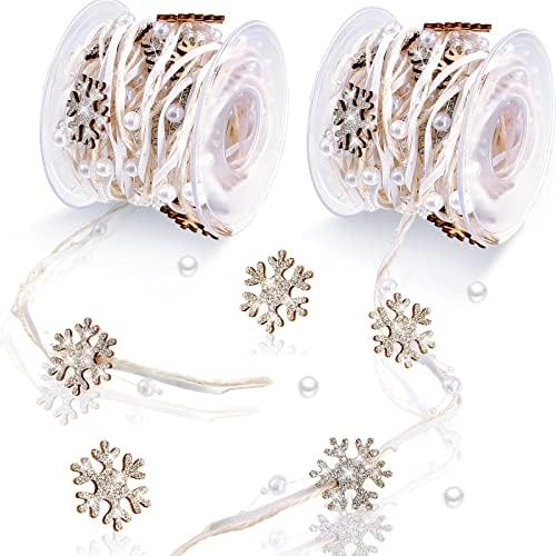 2 Rolls Snowflake Ribbon Christmas Tree Beads Ribbon 5.5 Yards White Xmas Bead Pearl Ribbon Silver S | Amazon (US)