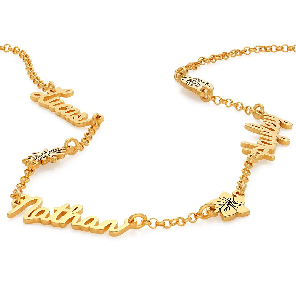 Blooming Birth Flower Multi Name Necklace in Gold Plating | Theo Grace
